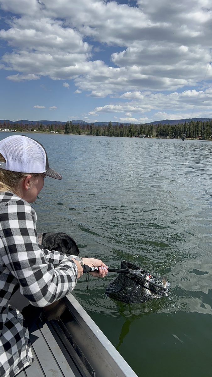 Angler netting a rainbow trout from a boat at Leighton Lake while a black dog watches
